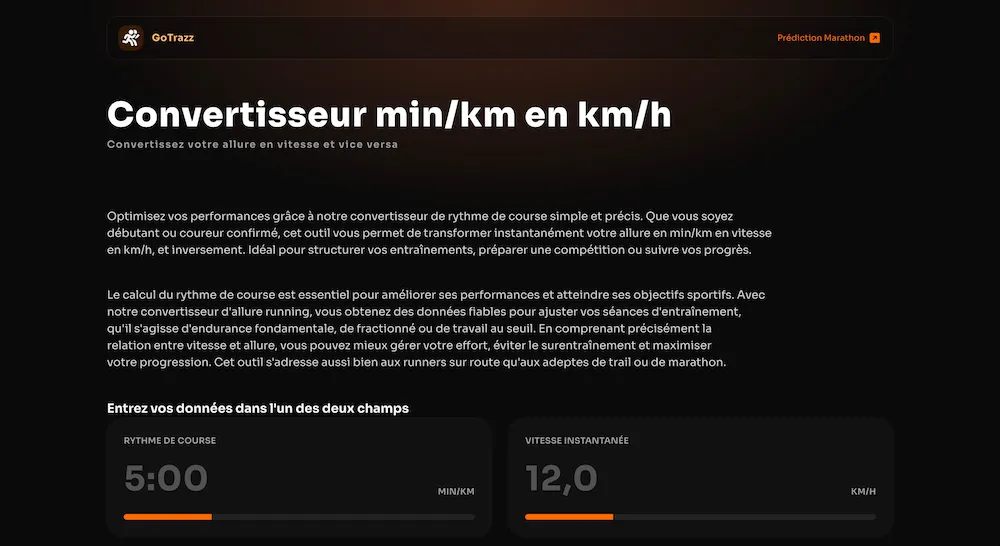 Convertisseur min/km en km/h